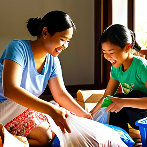 **Prompt:** A vibrant illustration of a Thai family happily sorting recyclables in their home, sunlight streaming through the window onto reusable shopping bags and clearly labeled bins. Focus on bright colors and a positive, encouraging atmosphere, highlighting sustainable living practices in a Thai context.