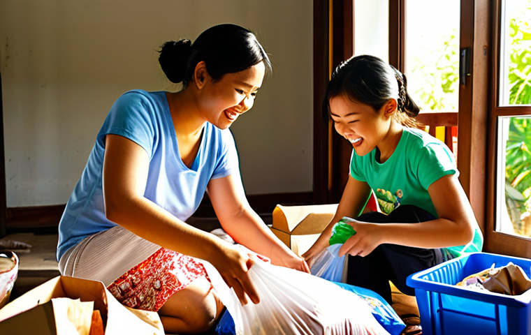 **Prompt:** A vibrant illustration of a Thai family happily sorting recyclables in their home, sunlight streaming through the window onto reusable shopping bags and clearly labeled bins. Focus on bright colors and a positive, encouraging atmosphere, highlighting sustainable living practices in a Thai context.